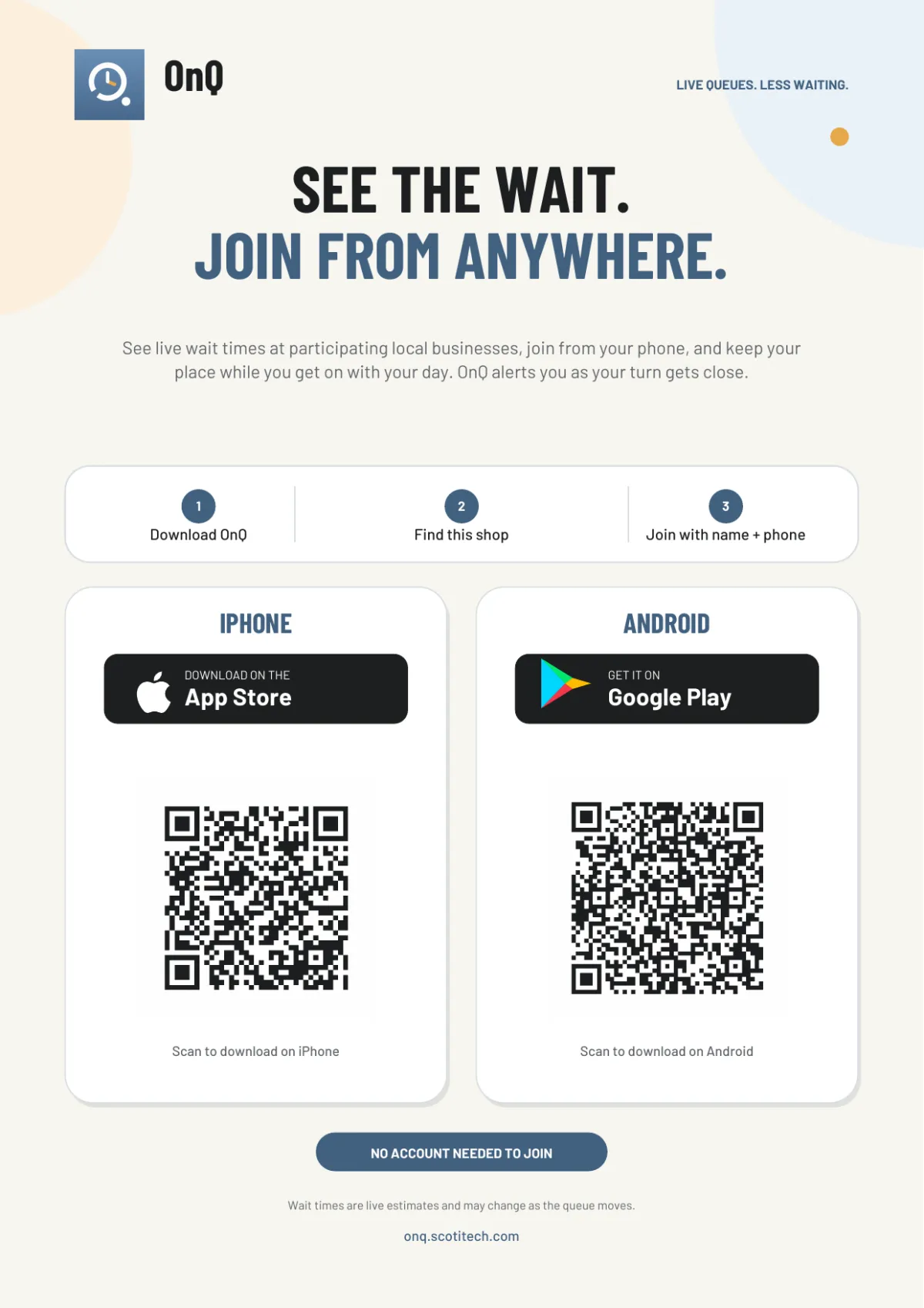 The OnQ counter poster: see the wait, join from anywhere, with App Store and Google Play download codes