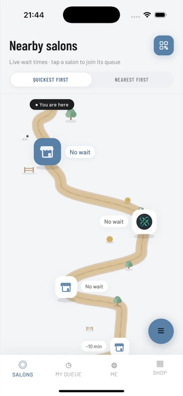 OnQ on iPhone: nearby salons on a map, each with its live wait