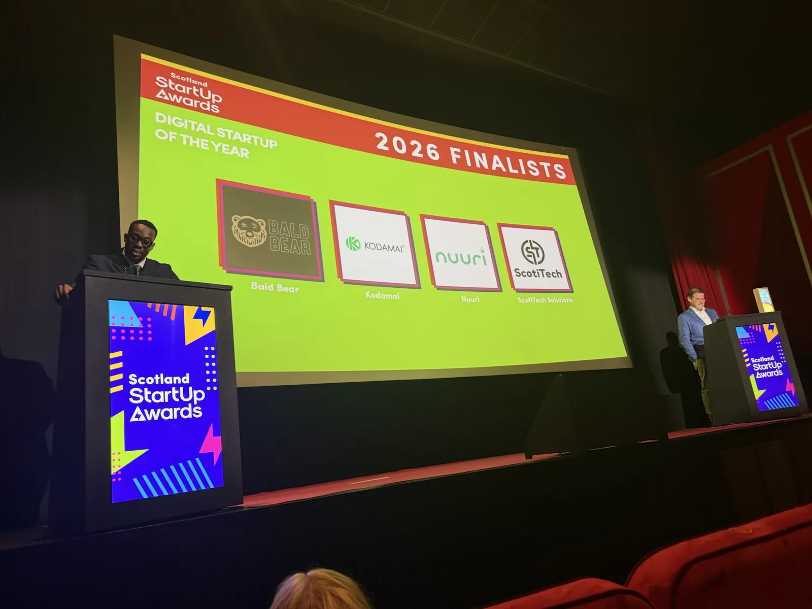 The Scotland StartUp Awards 2026 finalists for Digital StartUp of the Year on screen, including ScotiTech