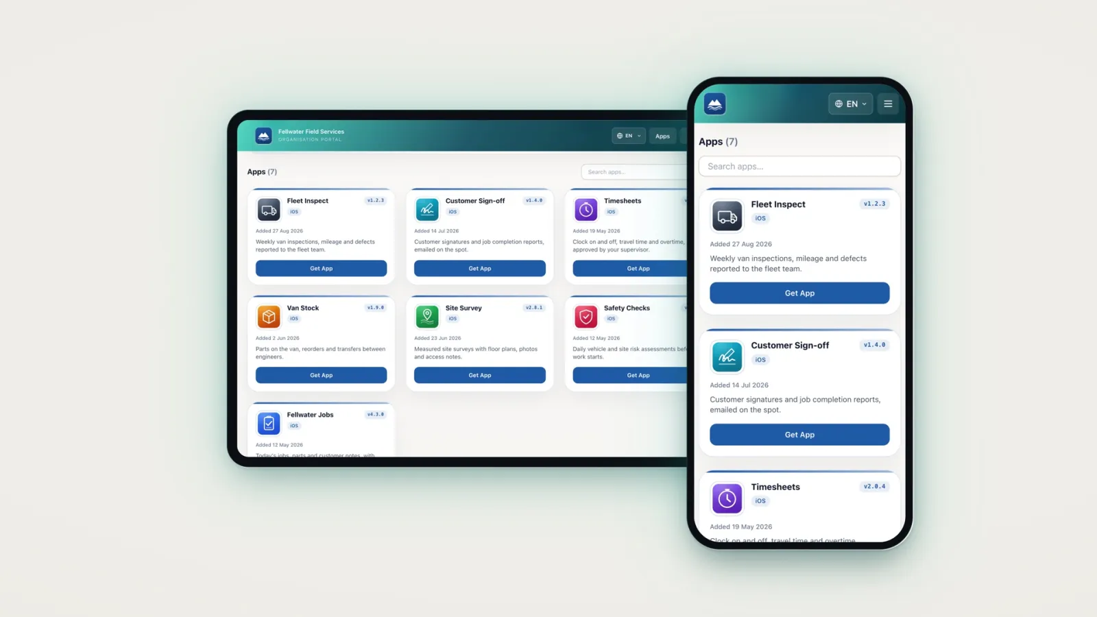 A frame from the Vamiq film: a branded company app store on an iPad and an iPhone, in a sample workspace